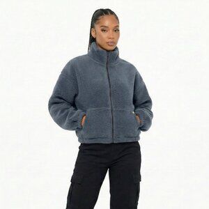 High Level HL Slate Blue Sherpa Fleece Crop Zip up Jacket Warm Soft Fluffy Cozy